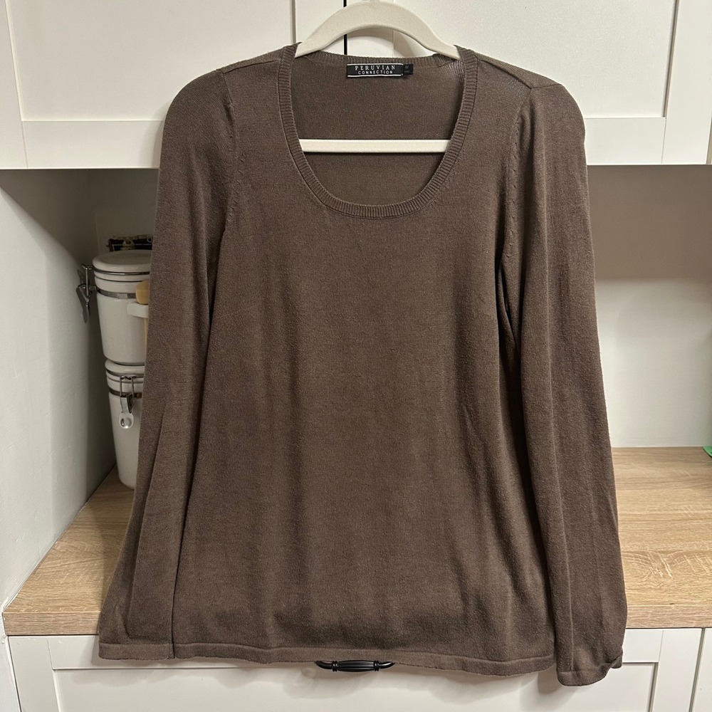 Peruvian Connection Knit Top Womens M Brown Pima Cotton Tencel Scoop Neck Luxury